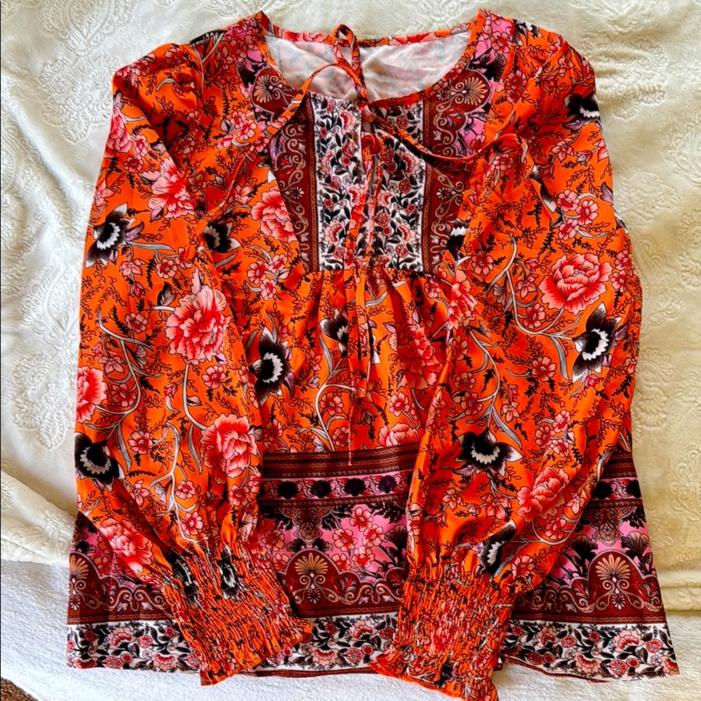 Orange V-neck Blouse with Puff Sleeves and Smocked Features